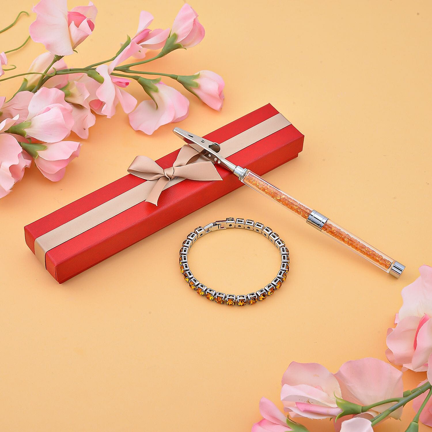 2 Piece Set - Champagne Austrian Crystal Bracelet (Size 7.5 with Bracelet Buddy)