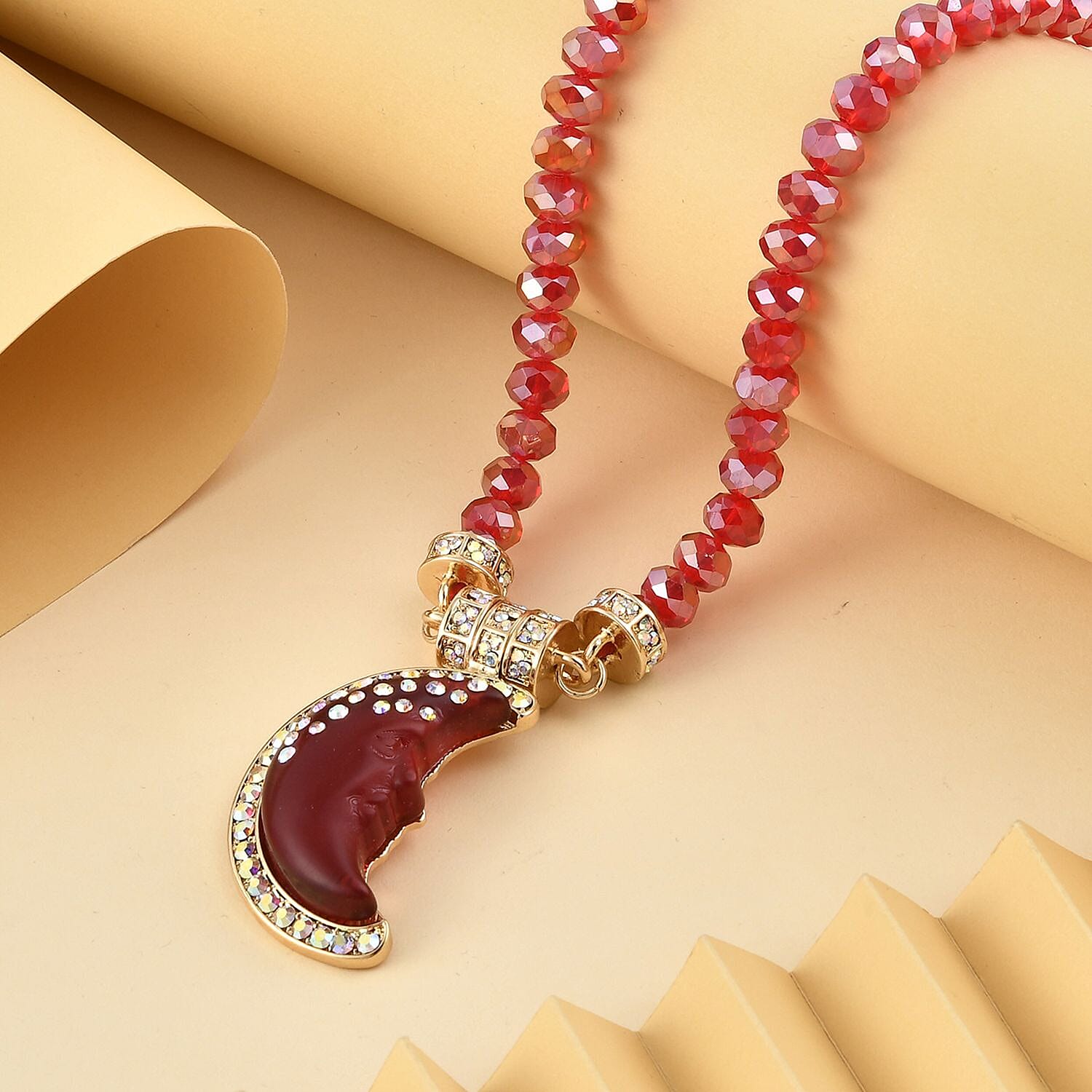 AB Crystal & Simulated Red AB Crystal Moon Necklace (Size 22) in Silver Tone