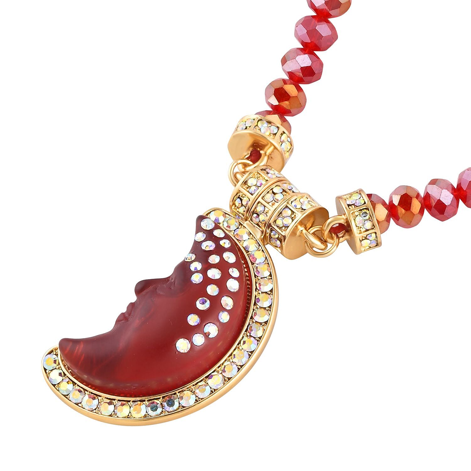 AB Crystal & Simulated Red AB Crystal Moon Necklace (Size 22) in Silver Tone