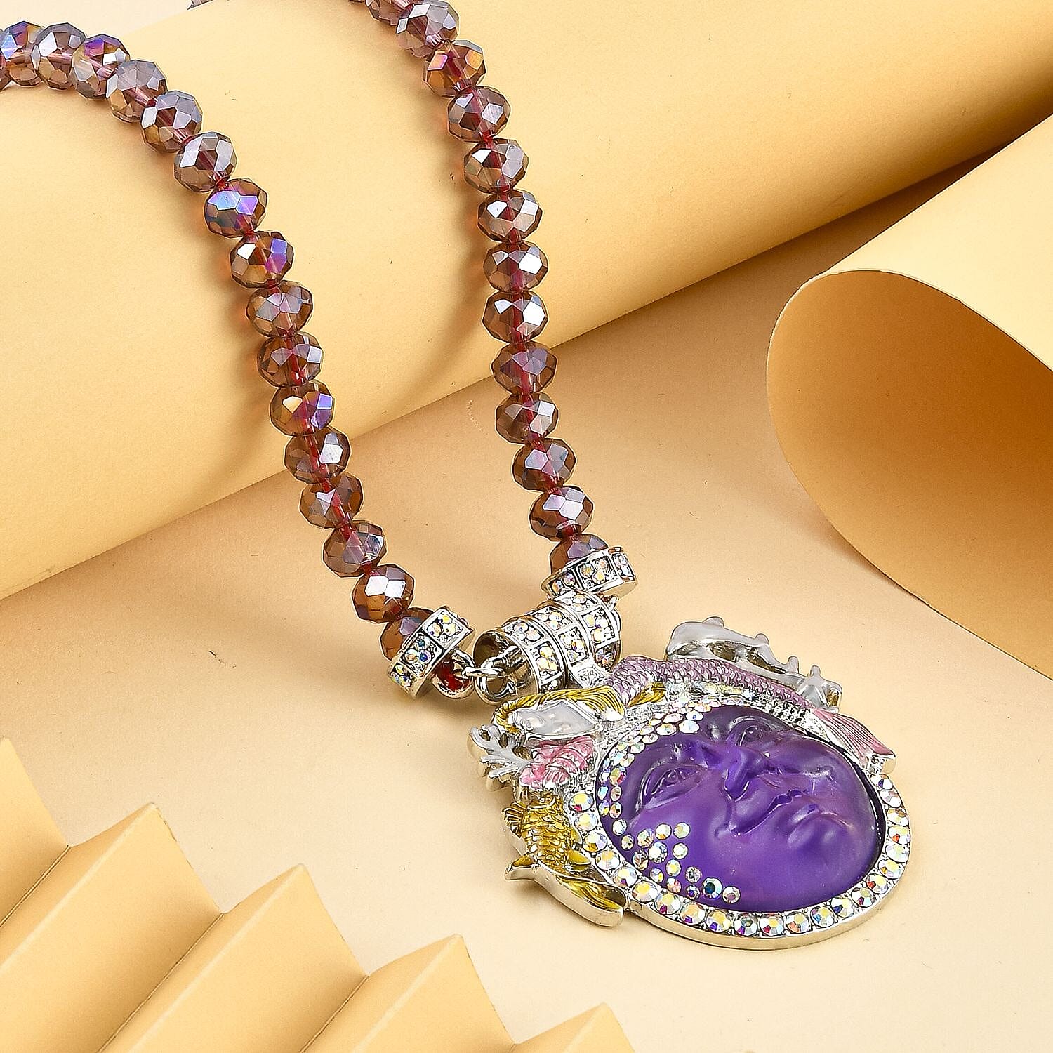 AB Crystal and Simulated Purple Topaz Moon Necklace (Size 22) in Silver Tone