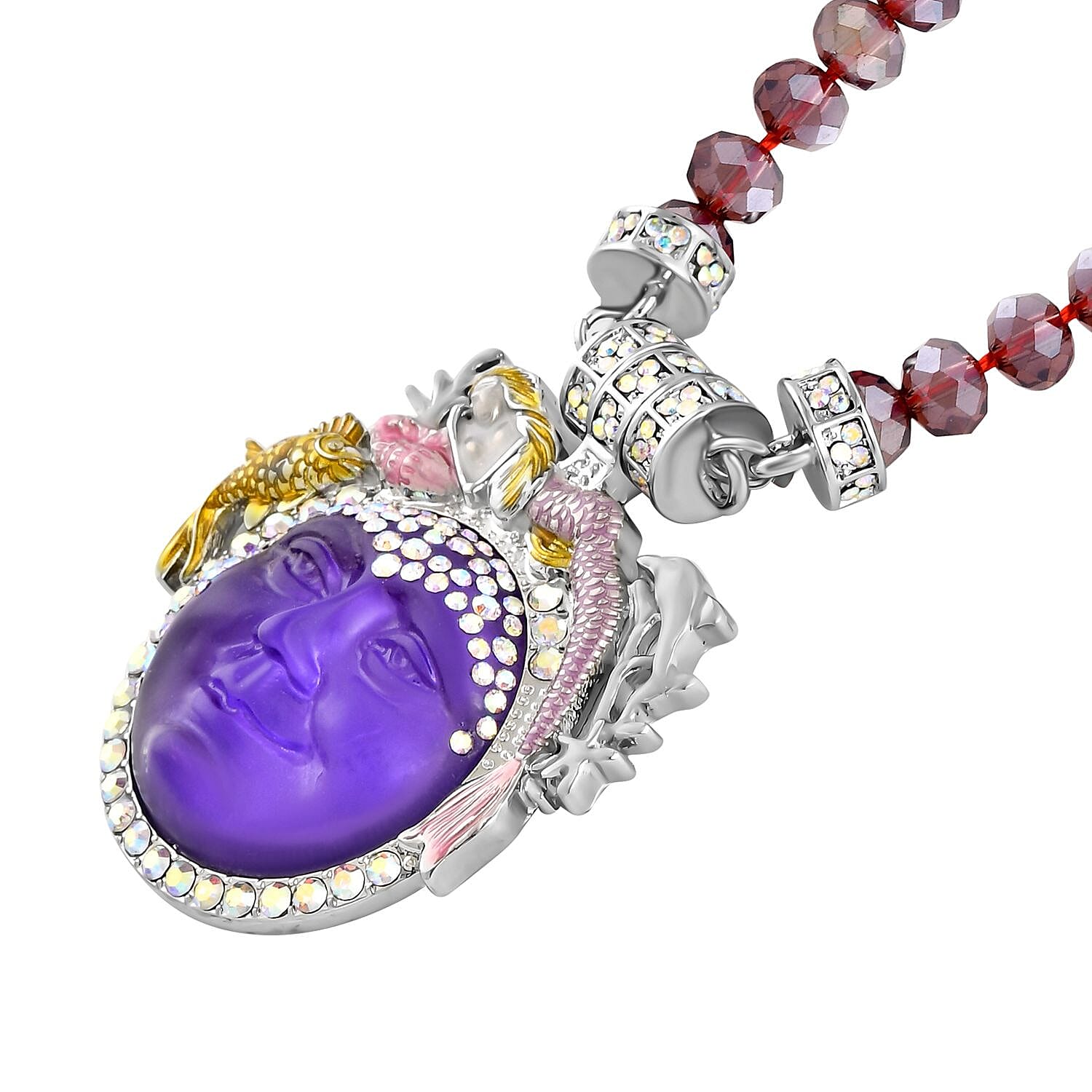 AB Crystal and Simulated Purple Topaz Moon Necklace (Size 22) in Silver Tone