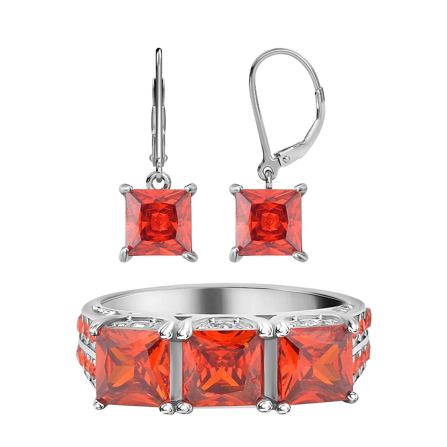 2 Piece Set - Simulated Orange Sapphire Ring and Earrings in Stainless Steel