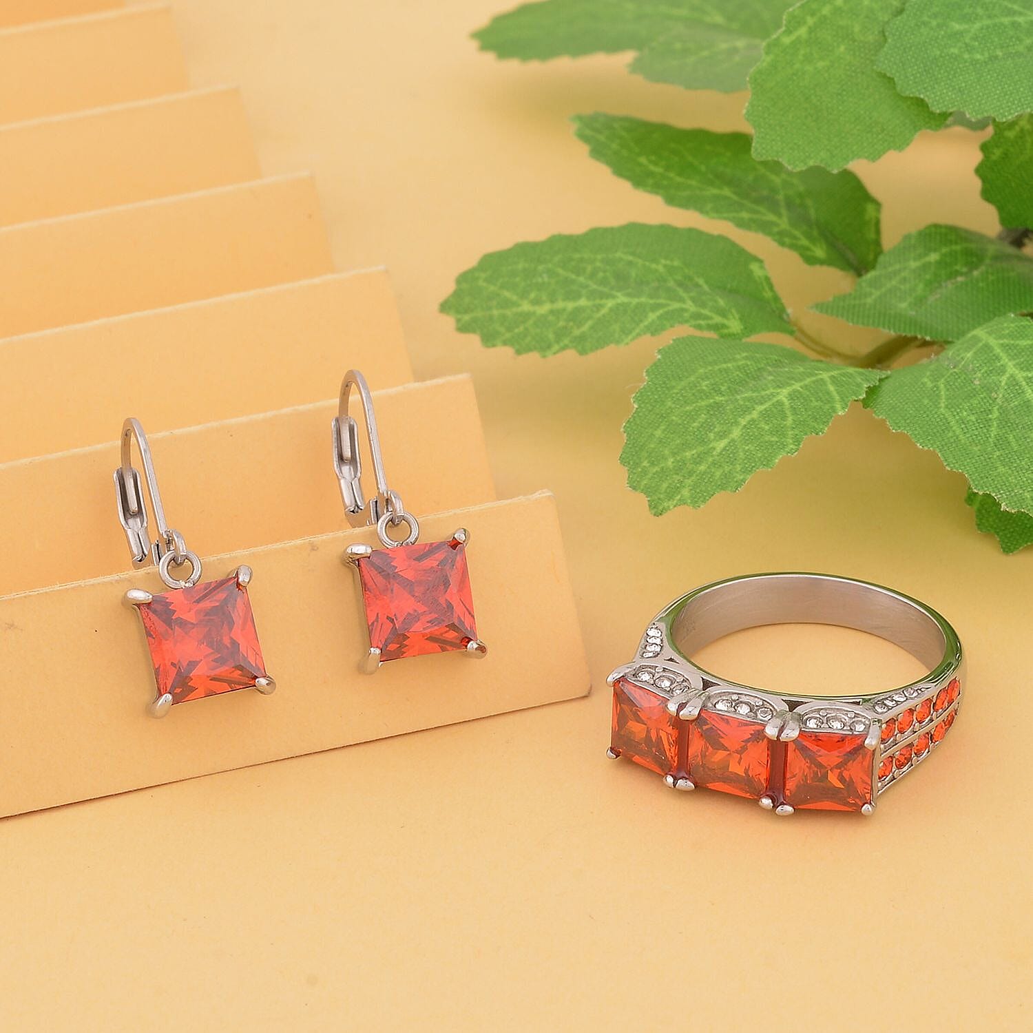 2 Piece Set - Simulated Orange Sapphire Ring and Earrings in Stainless Steel