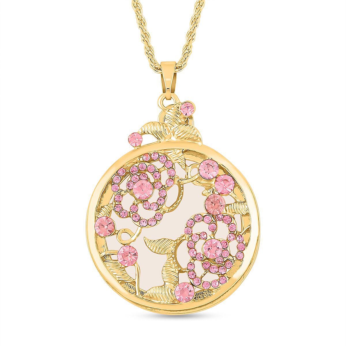 Pink Austrian Crystal and Magnifying Glass Pendant with Chain (Size 24-2 Inch Extender) in Yellow Gold Tone