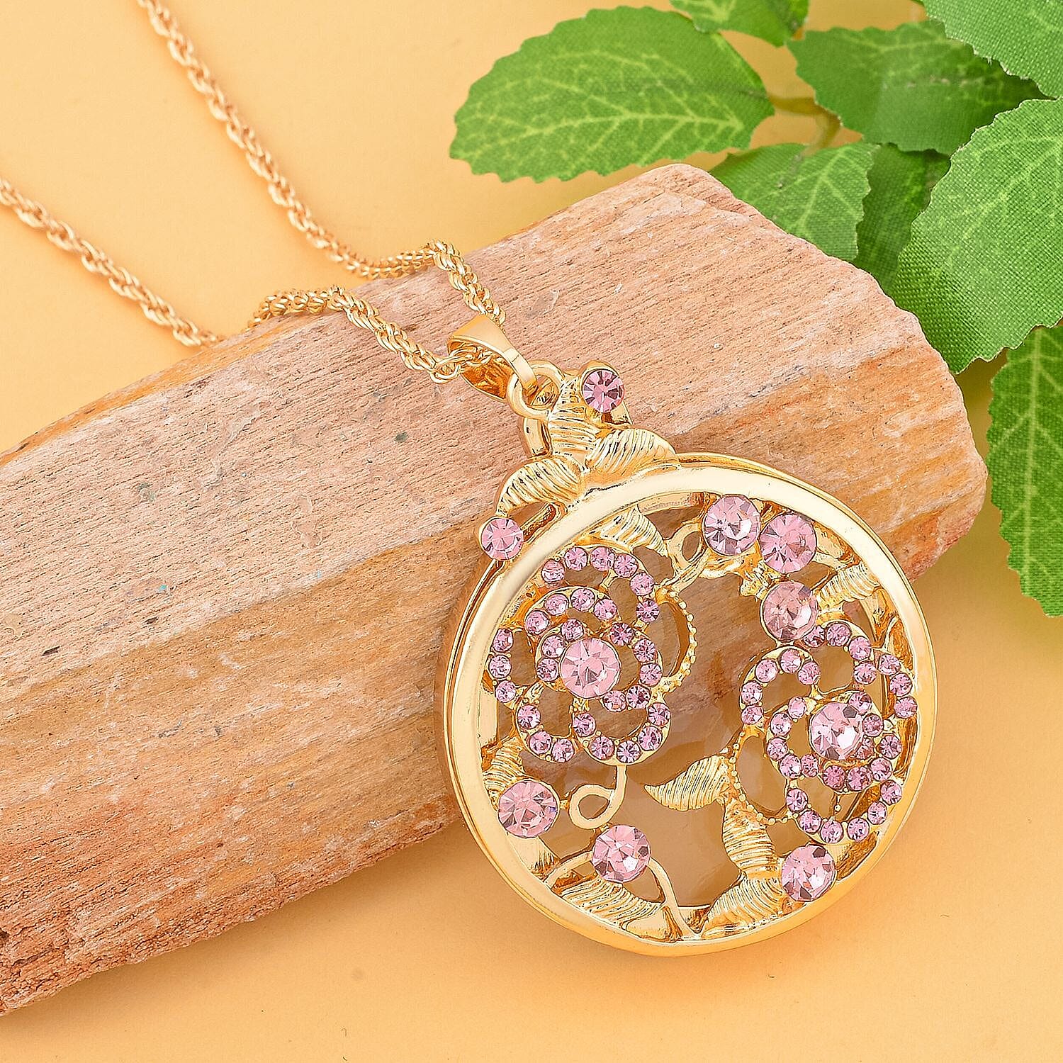 Pink Austrian Crystal and Magnifying Glass Pendant with Chain (Size 24-2 Inch Extender) in Yellow Gold Tone