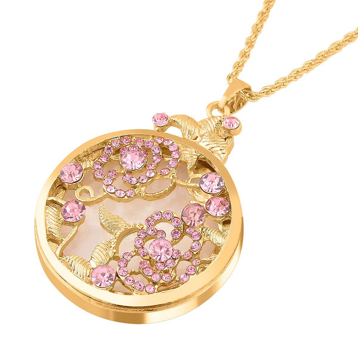 Pink Austrian Crystal and Magnifying Glass Pendant with Chain (Size 24-2 Inch Extender) in Yellow Gold Tone