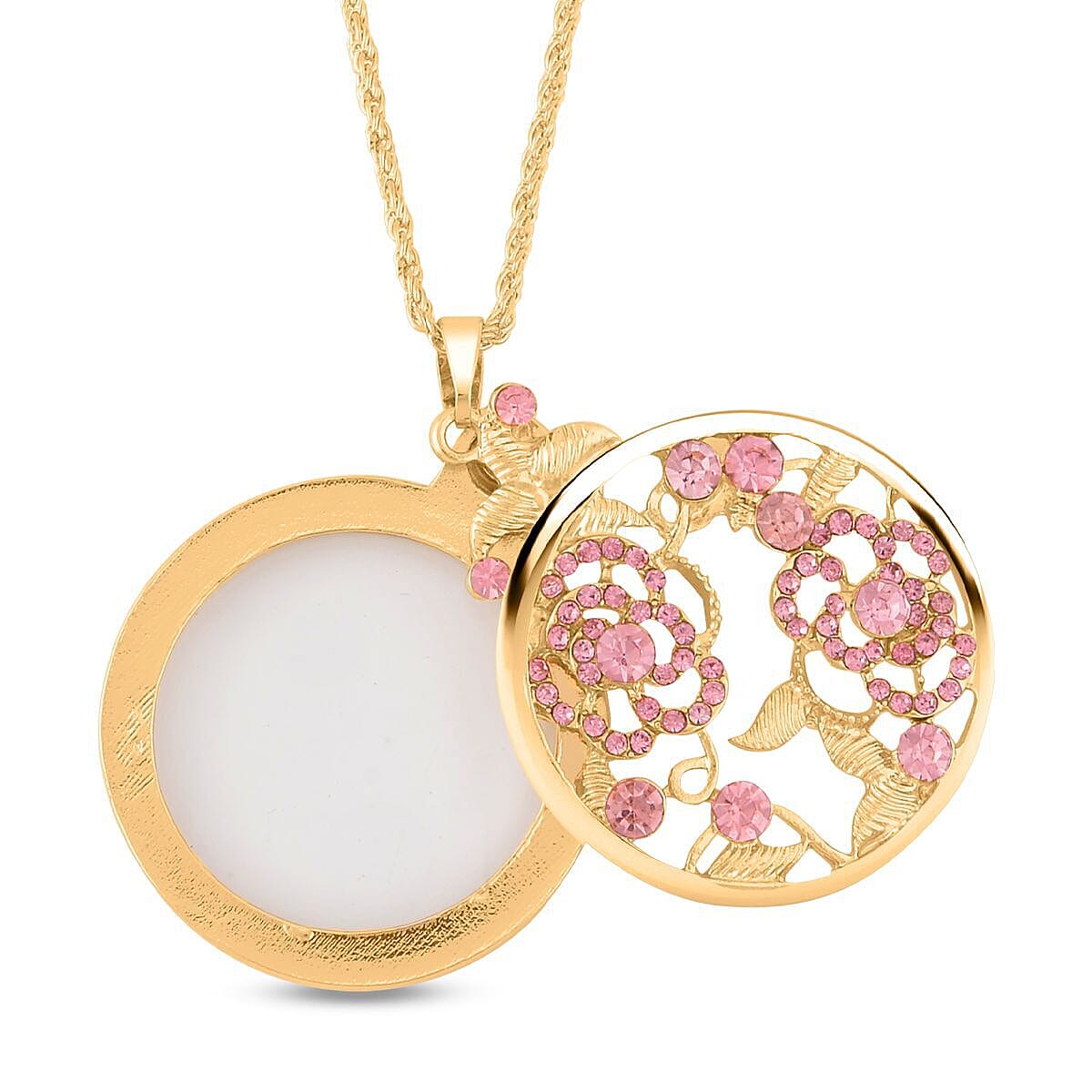 Pink Austrian Crystal and Magnifying Glass Pendant with Chain (Size 24-2 Inch Extender) in Yellow Gold Tone