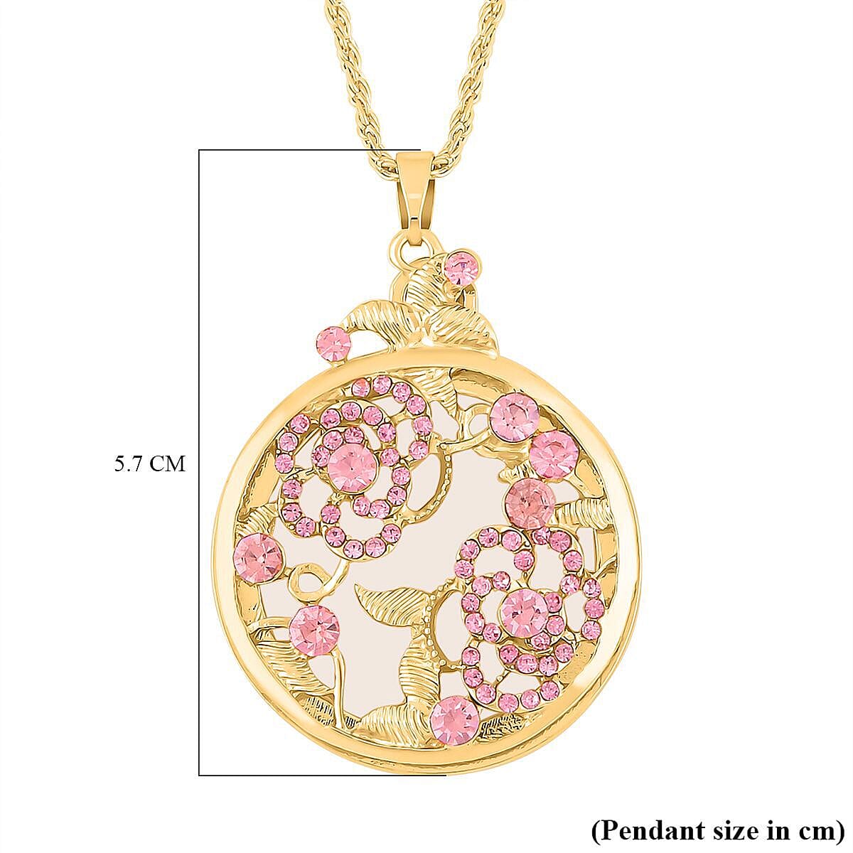 Pink Austrian Crystal and Magnifying Glass Pendant with Chain (Size 24-2 Inch Extender) in Yellow Gold Tone