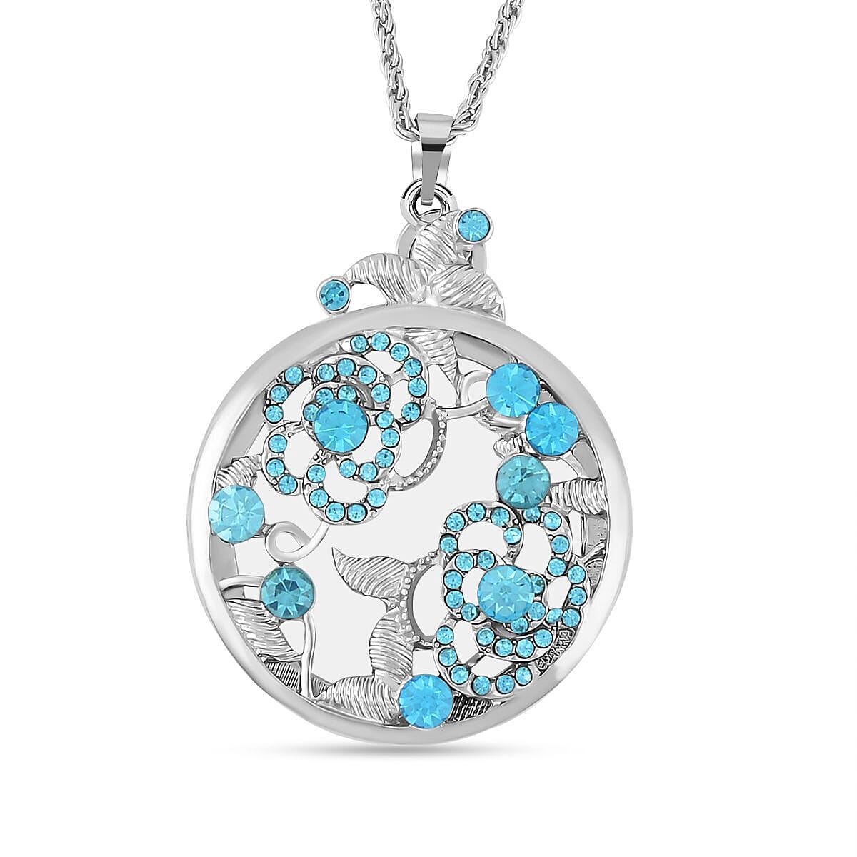 Blue Austrian Crystal and Magnifying Glass Pendant with Chain (Size 24-2 Inch Ext.) in Silver Tone