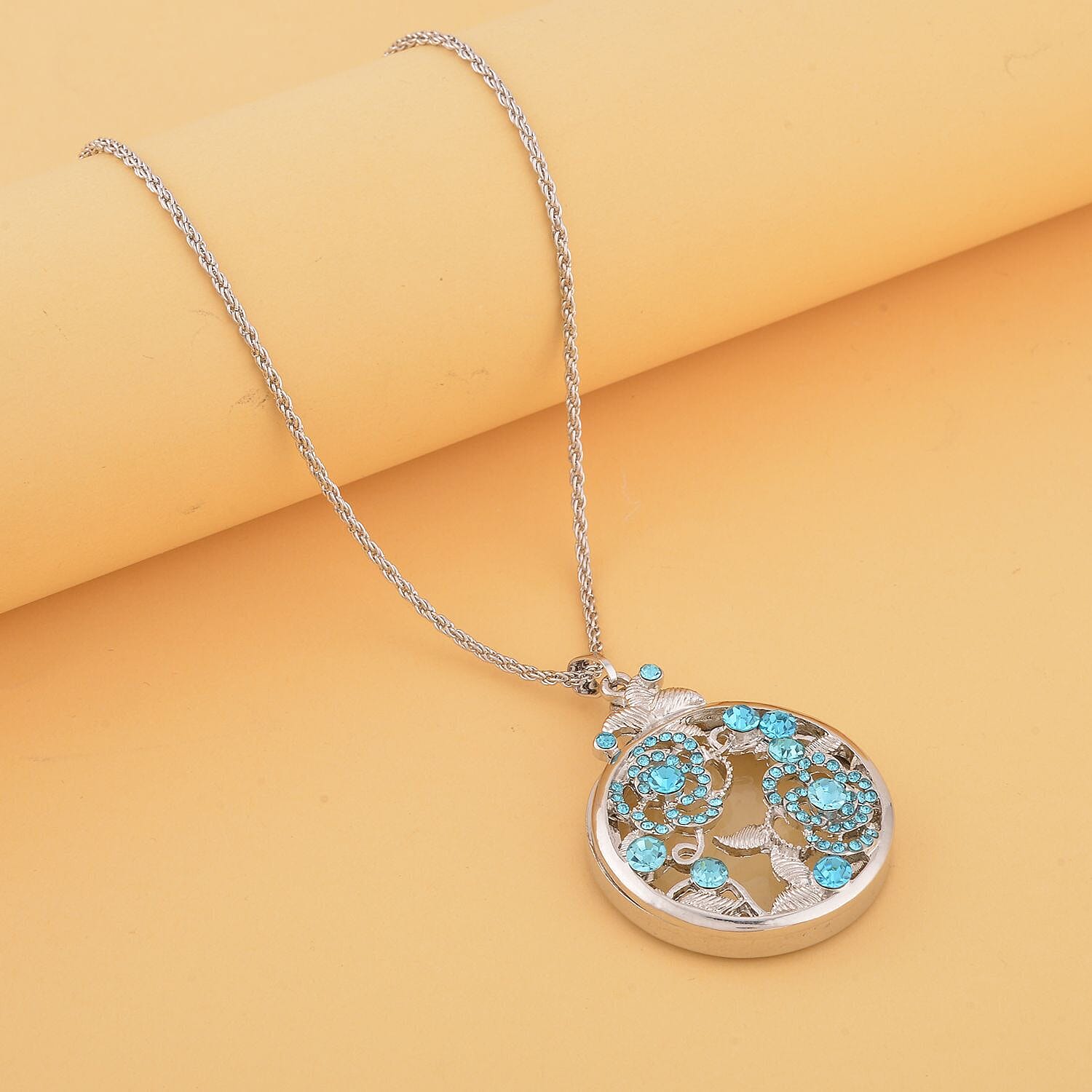 Blue Austrian Crystal and Magnifying Glass Pendant with Chain (Size 24-2 Inch Ext.) in Silver Tone