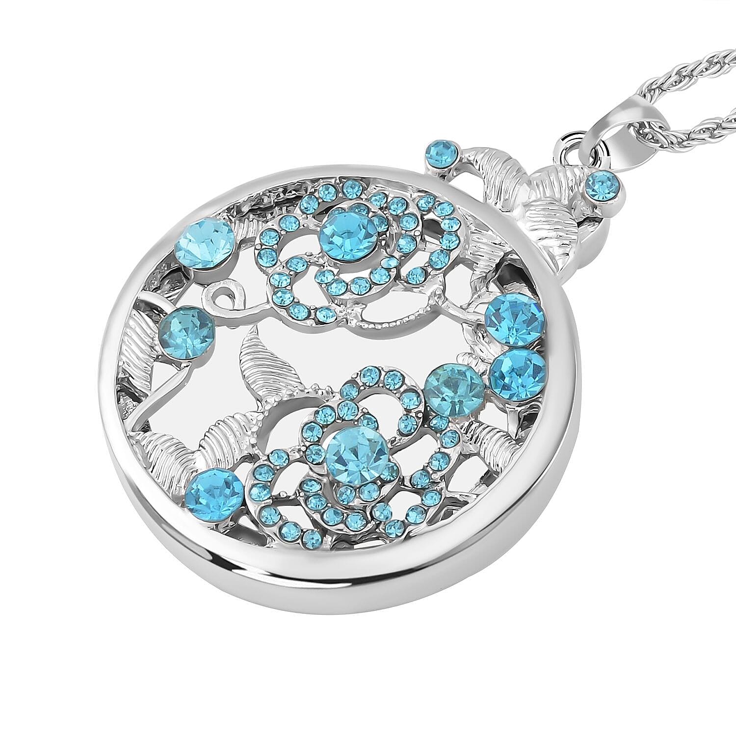 Blue Austrian Crystal and Magnifying Glass Pendant with Chain (Size 24-2 Inch Ext.) in Silver Tone
