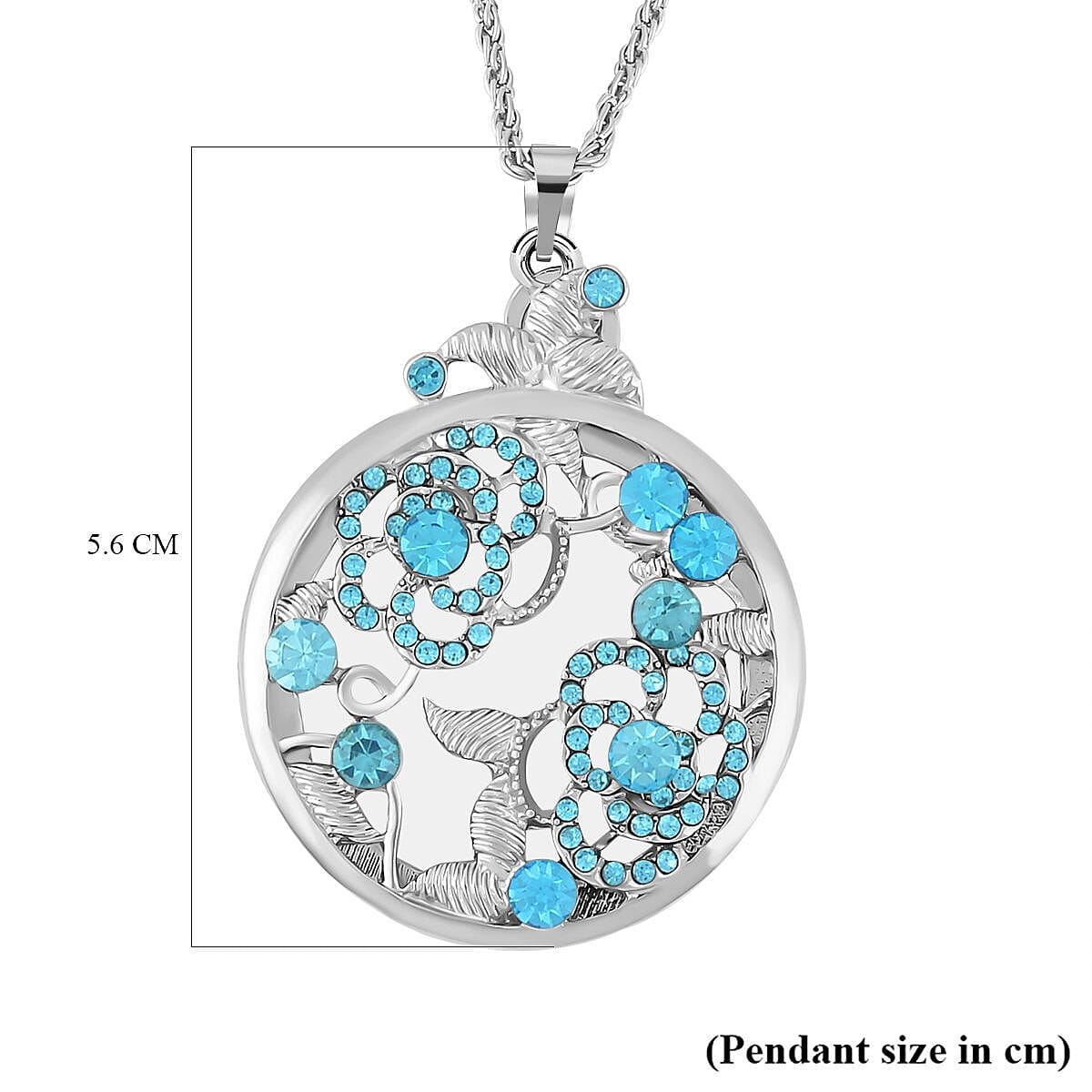Blue Austrian Crystal and Magnifying Glass Pendant with Chain (Size 24-2 Inch Ext.) in Silver Tone