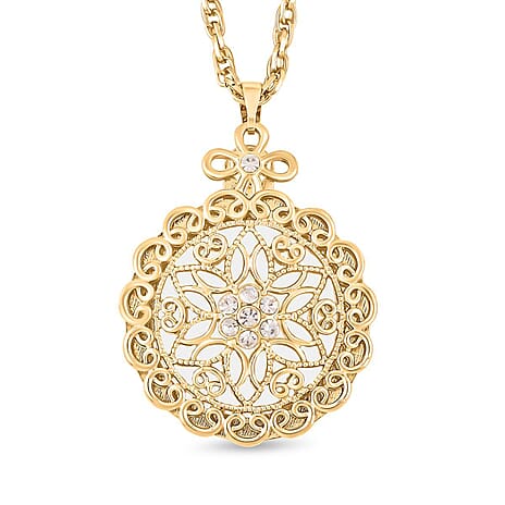 White Austrian Crystal and Magnifying Glass Mandala Art Floral Pendant with Chain (Size - 24-2 Ext.) in Yellow Gold Tone