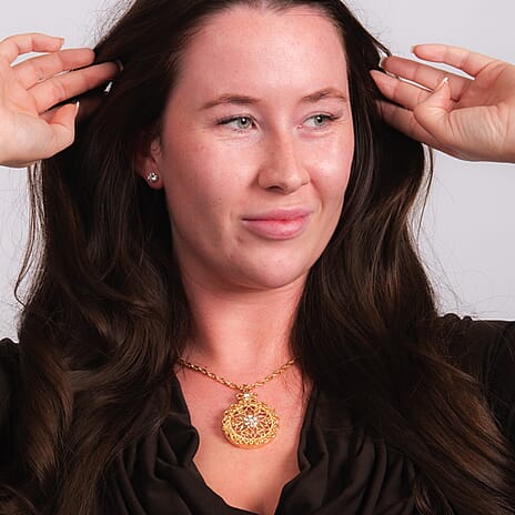White Austrian Crystal and Magnifying Glass Mandala Art Floral Pendant with Chain (Size - 24-2 Ext.) in Yellow Gold Tone