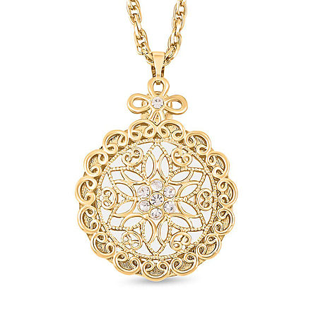 White Austrian Crystal and Magnifying Glass Mandala Art Floral Pendant with Stainless Steel Chain (Size 24-2 Inch Ext.) in Yellow Gold Tone