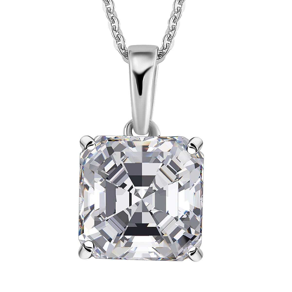 Moissanite (Asscher Cut) Pendant with Chain (Size 20) in Platinum Overlay Sterling Silver 3.83 Ct.