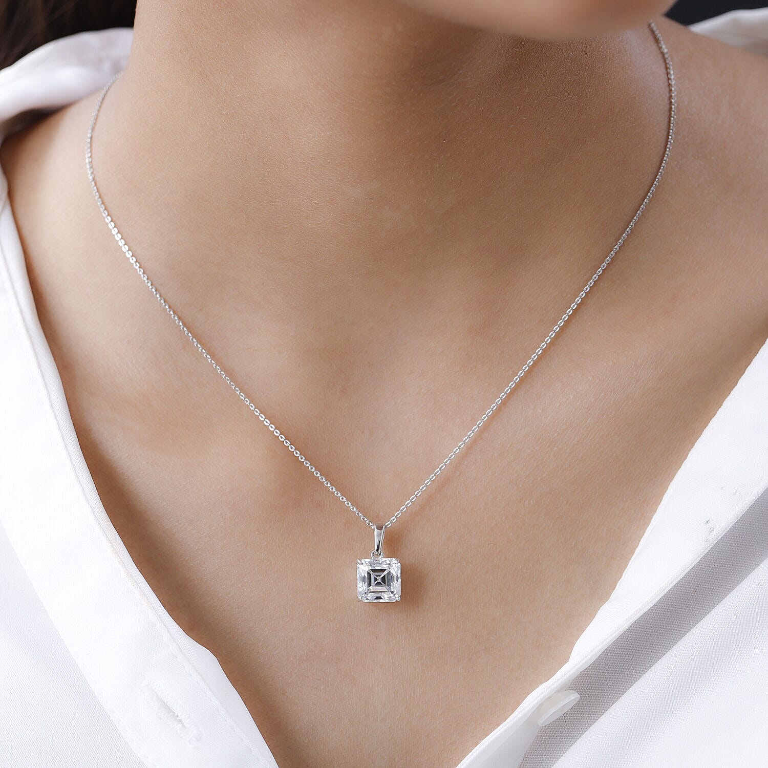 Moissanite (Asscher Cut) Pendant with Chain (Size 20) in Platinum Overlay Sterling Silver 3.83 Ct.