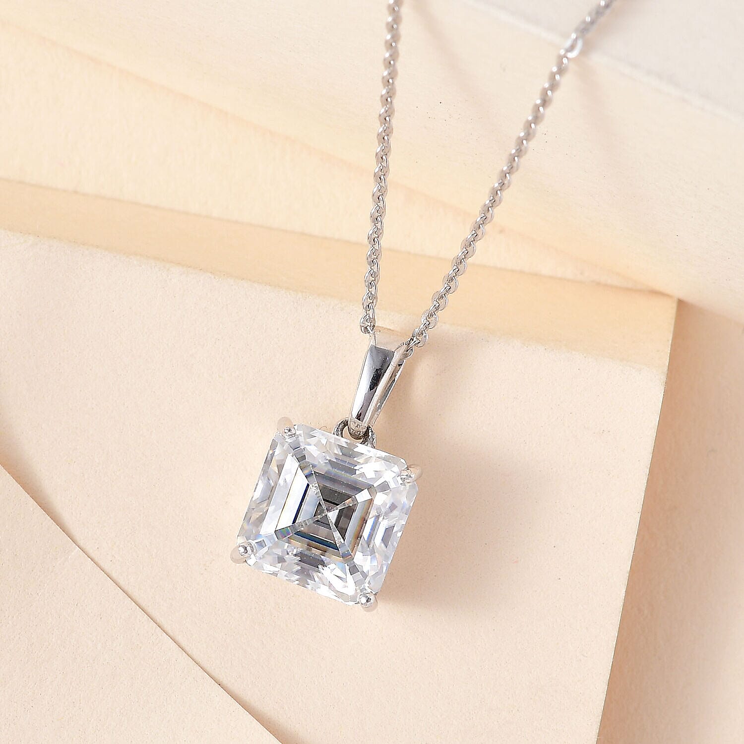 Moissanite (Asscher Cut) Pendant with Chain (Size 20) in Platinum Overlay Sterling Silver 3.83 Ct.