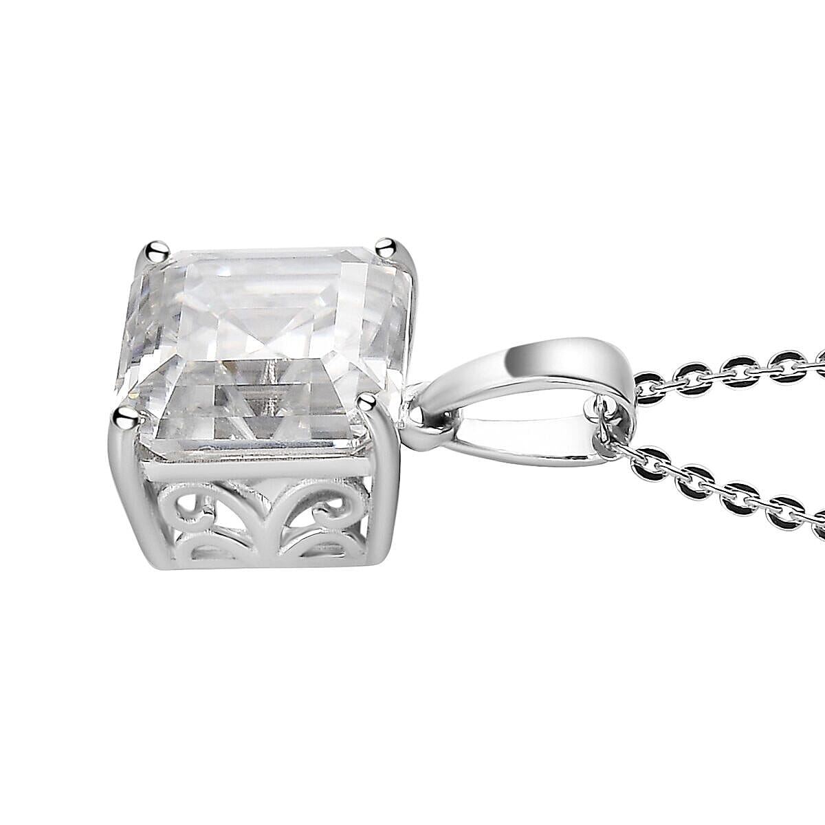 Moissanite (Asscher Cut) Pendant with Chain (Size 20) in Platinum Overlay Sterling Silver 3.83 Ct.
