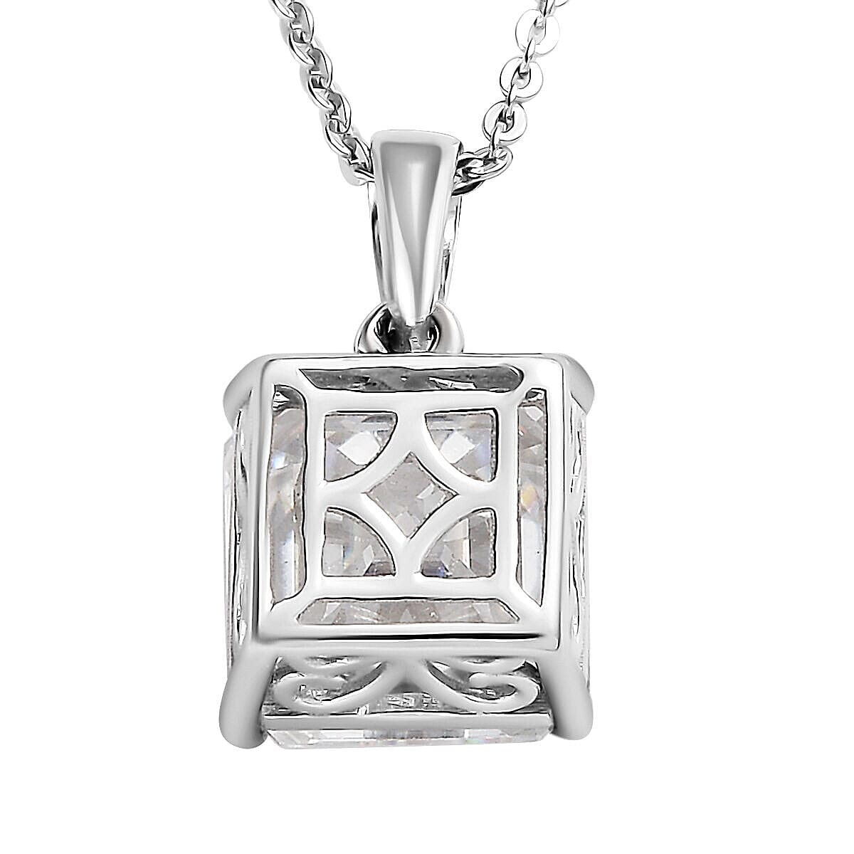 Moissanite (Asscher Cut) Pendant with Chain (Size 20) in Platinum Overlay Sterling Silver 3.83 Ct.