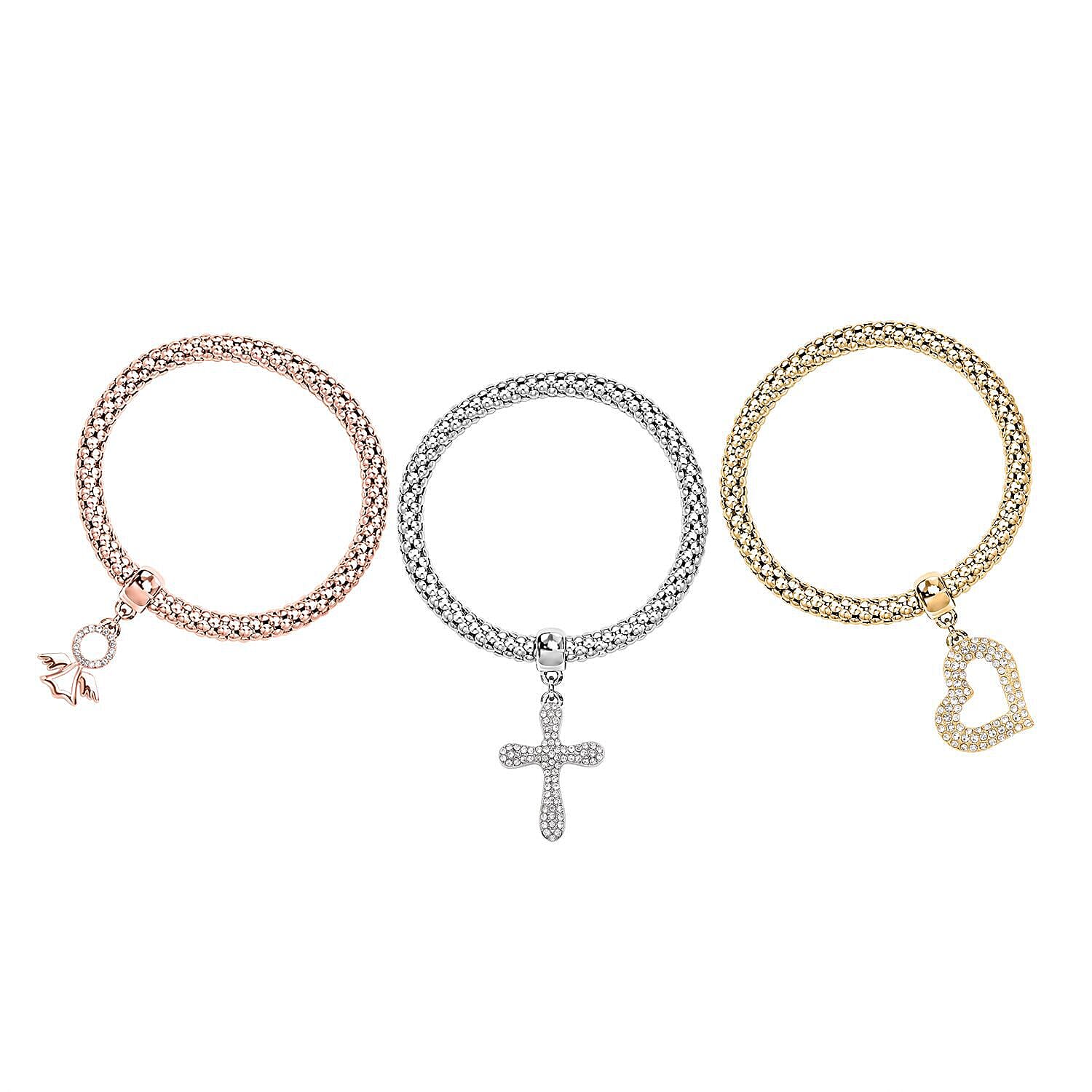 Set of 3 - White Austrian Crystal Pave Bracelets (Size 7.5 Stretchable) With Charms in Three-Tone