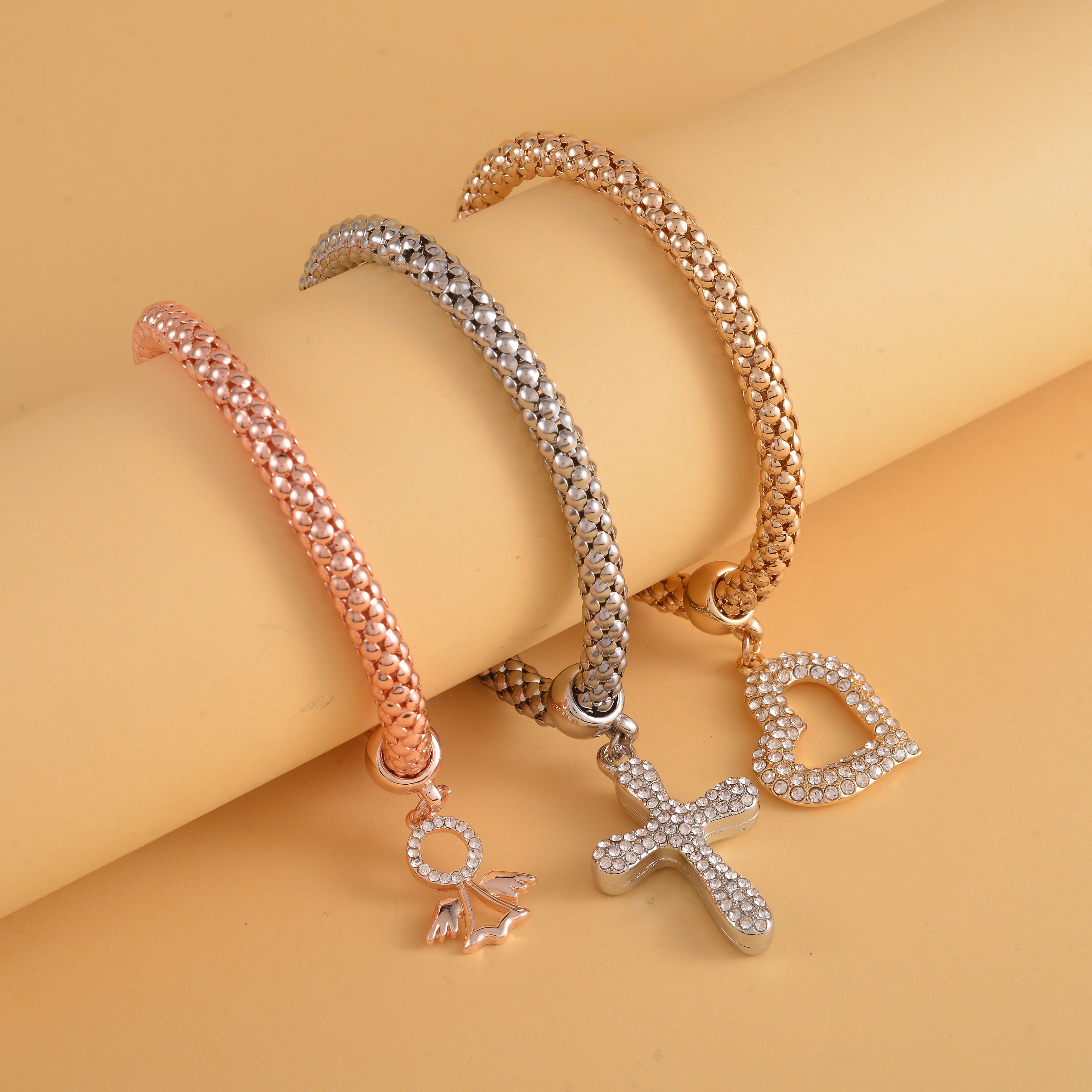 Set of 3 - White Austrian Crystal Pave Bracelets (Size 7.5 Stretchable) With Charms in Three-Tone