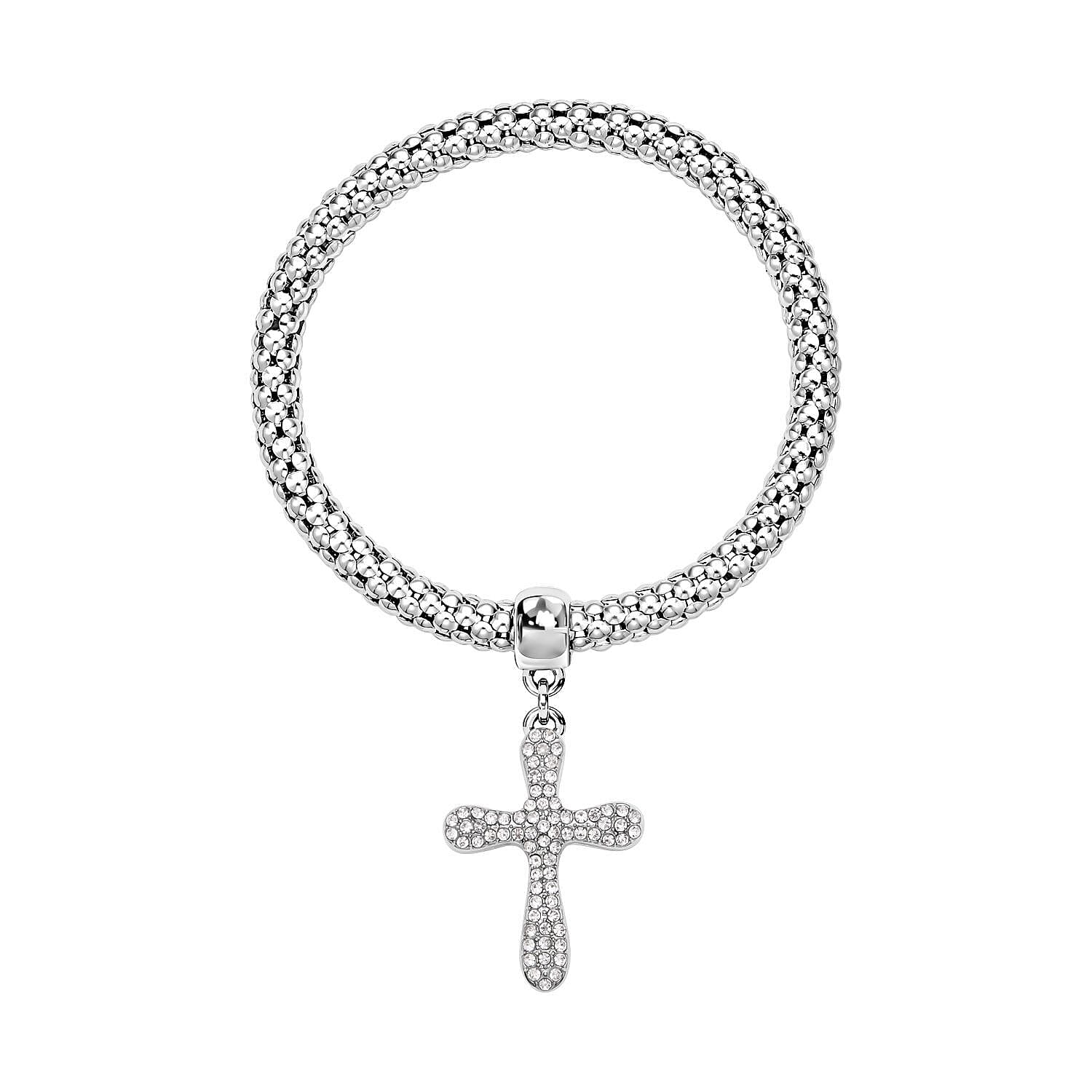 Set of 3 - White Austrian Crystal Pave Bracelets (Size 7.5 Stretchable) With Charms in Three-Tone