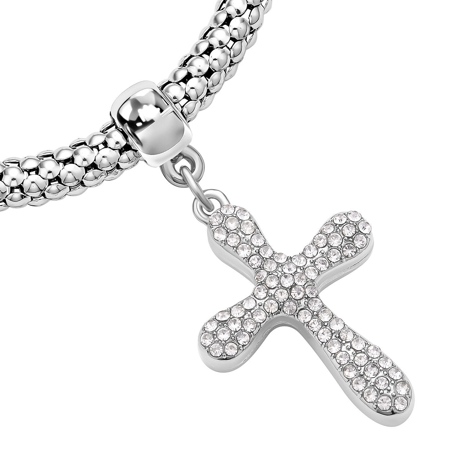 Set of 3 - White Austrian Crystal Pave Bracelets (Size 7.5 Stretchable) With Charms in Three-Tone