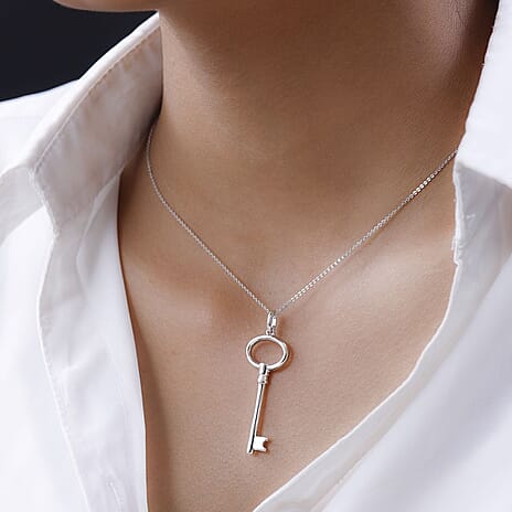 Platinum Overlay Sterling Silver Key Pendant with Chain (Size - 20), Silver Wt. 5.10 Gms