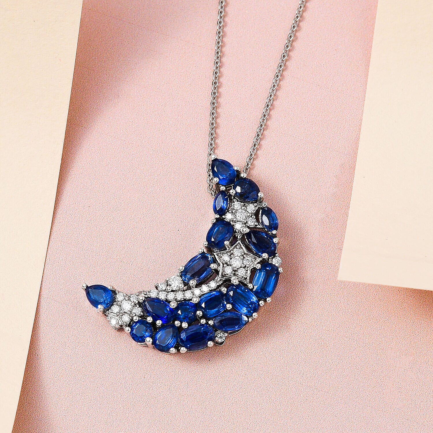 GP Celestial Dream Collection - Kashmire Kyanite and Moissanite Moon Pendant with Chain (Size 20) in Platinum Overlay Sterling Silver 4.24 Ct.