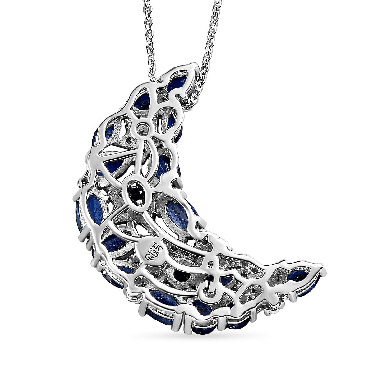 GP Celestial Dream Collection - Kashmire Kyanite and Moissanite Moon Pendant with Chain (Size 20) in Platinum Overlay Sterling Silver 4.24 Ct.