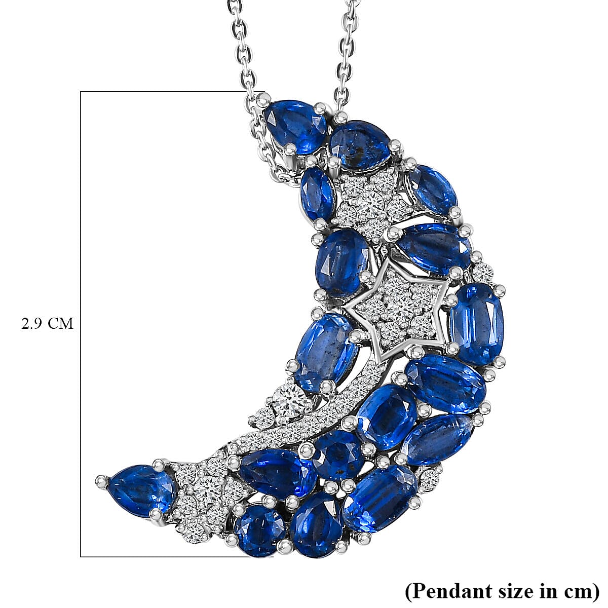 GP Celestial Dream Collection - Kashmire Kyanite and Moissanite Moon Pendant with Chain (Size 20) in Platinum Overlay Sterling Silver 4.24 Ct.
