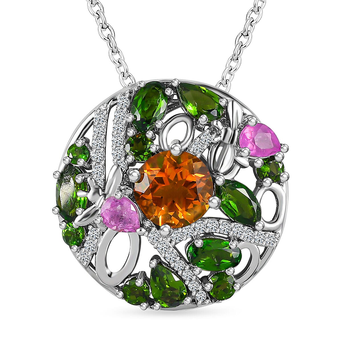 GP Italian Garden Collection - Madeira Citrine, Natural Chrome Diopside & Multi Gemstone Pendant with Chain (Size 20) in Platinum Overlay Sterling Silver 4.12 Ct, Silver Wt 6.50 GM