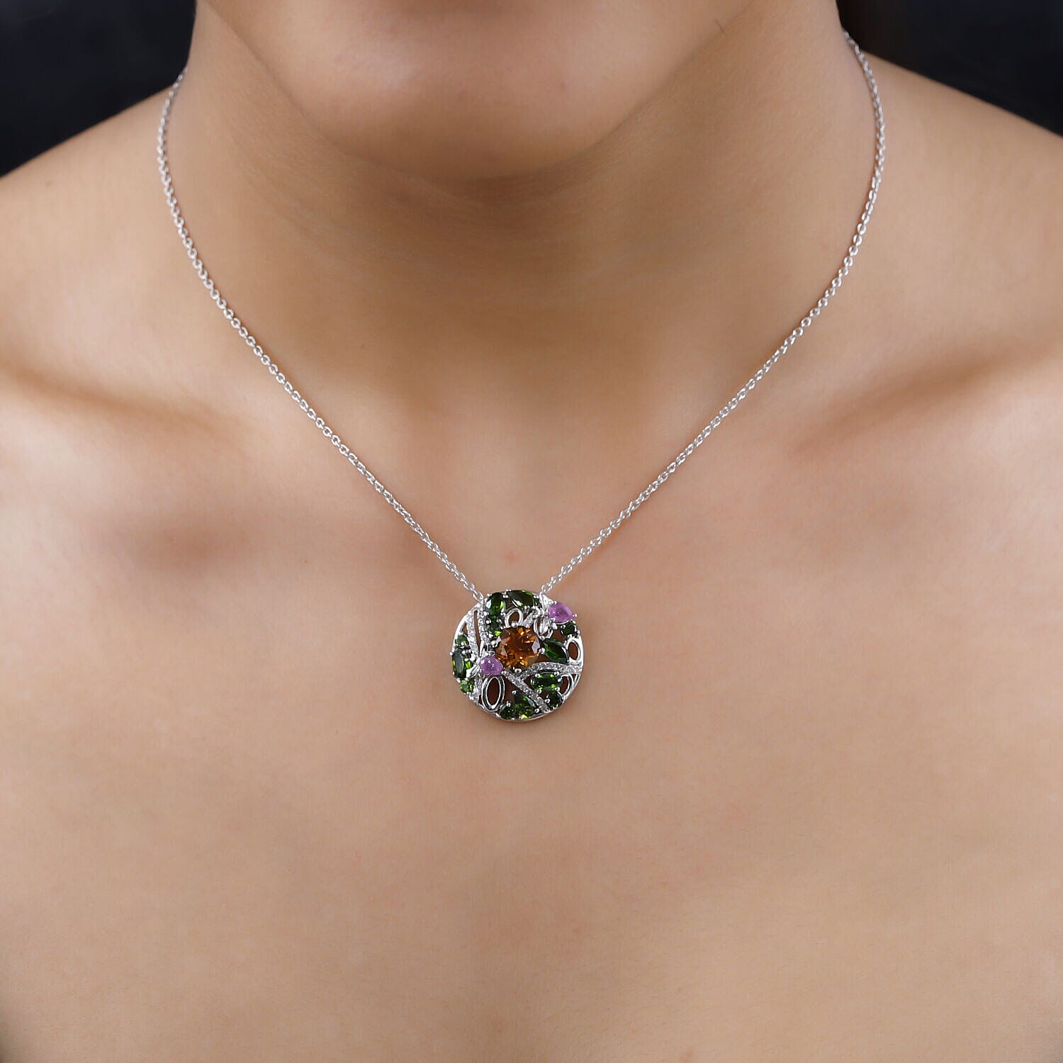 GP Italian Garden Collection - Madeira Citrine, Natural Chrome Diopside & Multi Gemstone Pendant with Chain (Size 20) in Platinum Overlay Sterling Silver 4.12 Ct, Silver Wt 6.50 GM