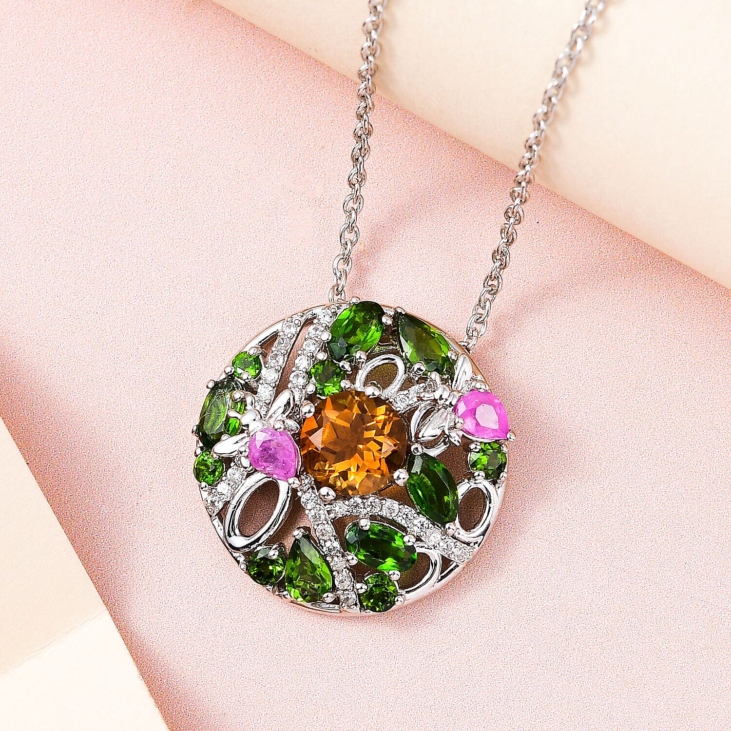 GP Italian Garden Collection - Madeira Citrine, Natural Chrome Diopside & Multi Gemstone Pendant with Chain (Size 20) in Platinum Overlay Sterling Silver 4.12 Ct, Silver Wt 6.50 GM