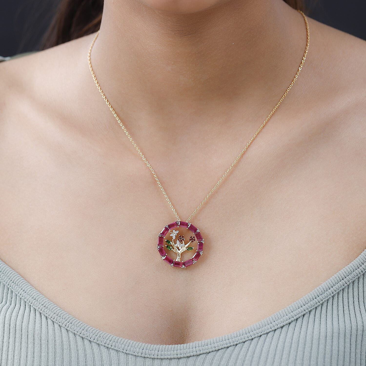 GP Leaf Collection - African Ruby and Multi Gemstone Pendant with Chain (Size - 30) in 18K Yellow Gold Vermeil Plated Sterling Silver 6.06 Ct