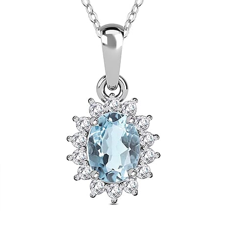 Aquamarine and Natural Zircon Pendant with Chain (Size 20) in Platinum Overlay Sterling Silver 1.12 Ct.