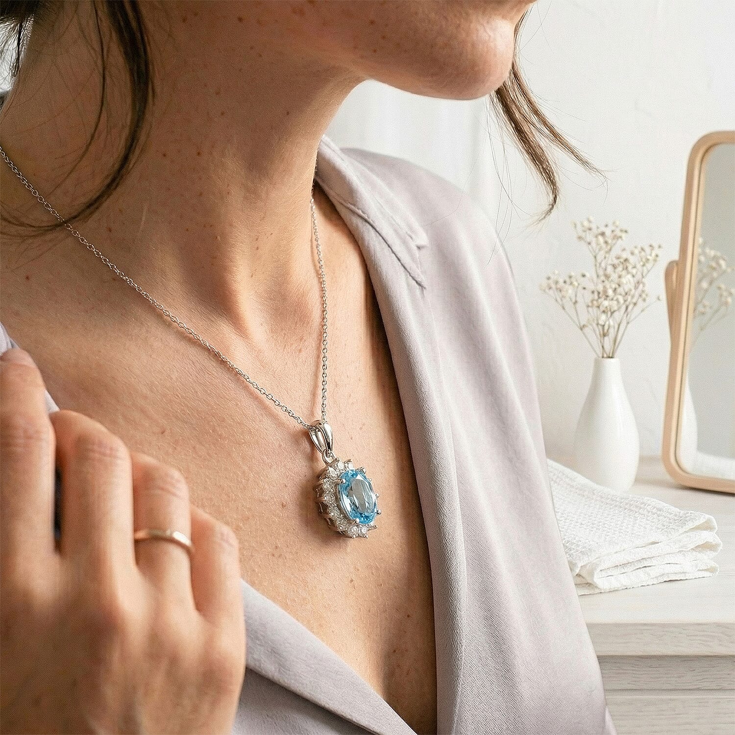 Aquamarine and Natural Zircon Pendant with Chain (Size 20) in Platinum Overlay Sterling Silver 1.12 Ct.