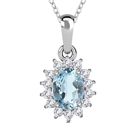 Aquamarine and Natural Cambodian Zircon Pendant with Chain (Size 20) in Platinum Overlay Sterling Silver 1.12 Ct.