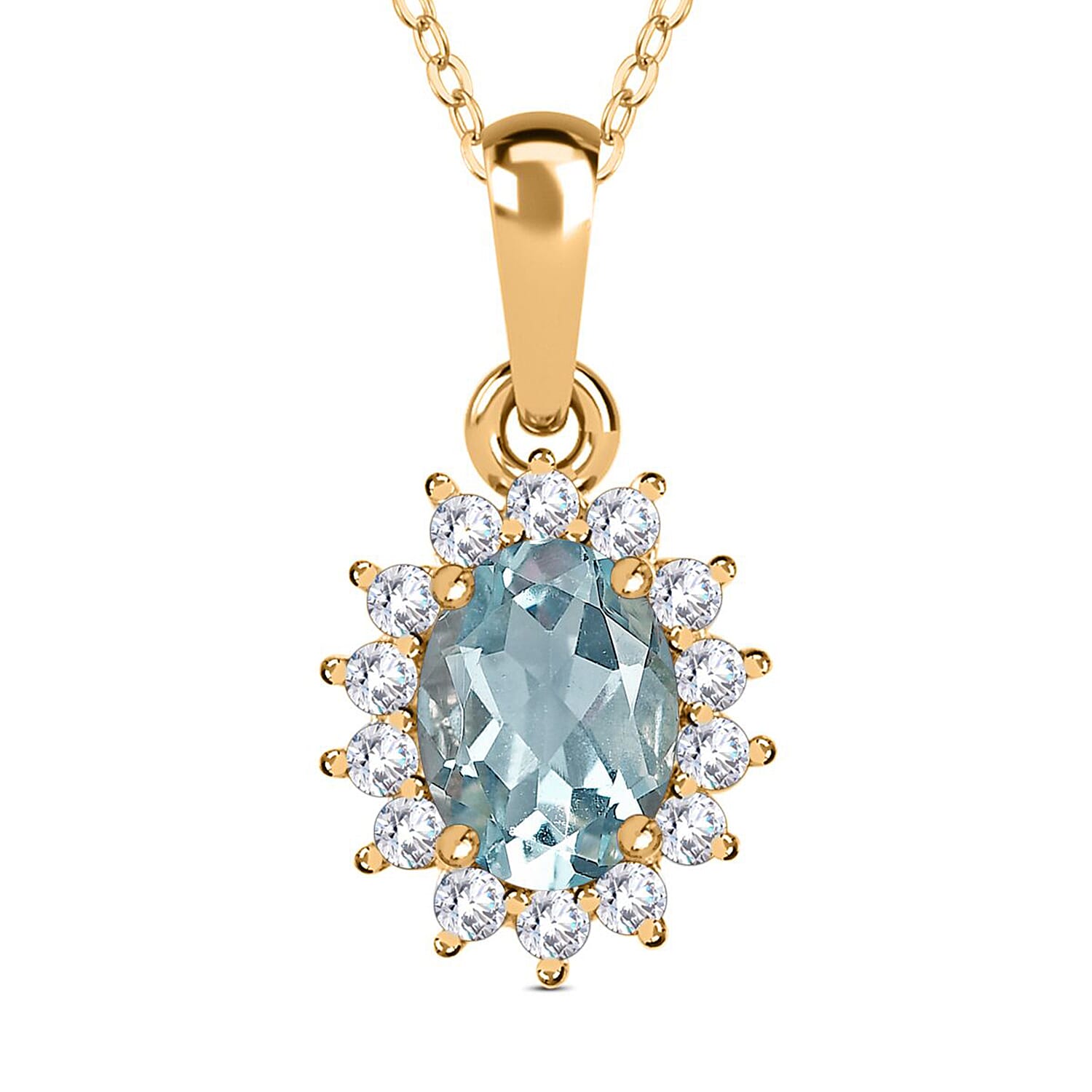 Aquamarine and Natural Zircon Halo Pendant with Chain (size 20) in 18K Vermeil Yellow Gold Plated Sterling Silver 1.12 Ct.