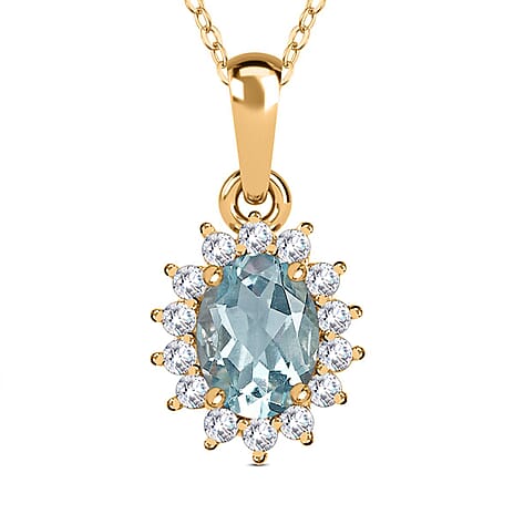 Aquamarine and Natural Zircon Halo Pendant with Chain (size 20) in 18K Vermeil Yellow Gold Plated Sterling Silver 1.12 Ct.