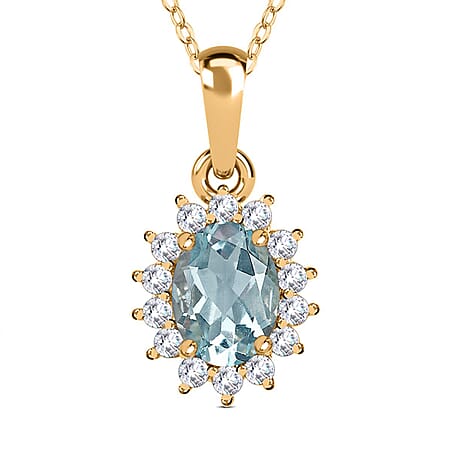 Aquamarine March Birthstone and Natural Zircon Halo Pendant with Chain (size 20) in 18K Vermeil Yellow Gold Plated Sterling Silver Aquamarine March Birthstone and Natural Zircon Halo Pendant with Chain (size 20) in 18K Vermeil Yellow Gold Plated Sterling Silver