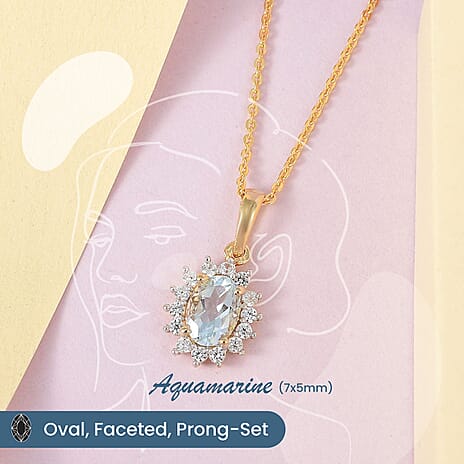 Aquamarine and Natural Zircon Halo Pendant with Chain (size 20) in 18K Vermeil Yellow Gold Plated Sterling Silver 1.12 Ct.