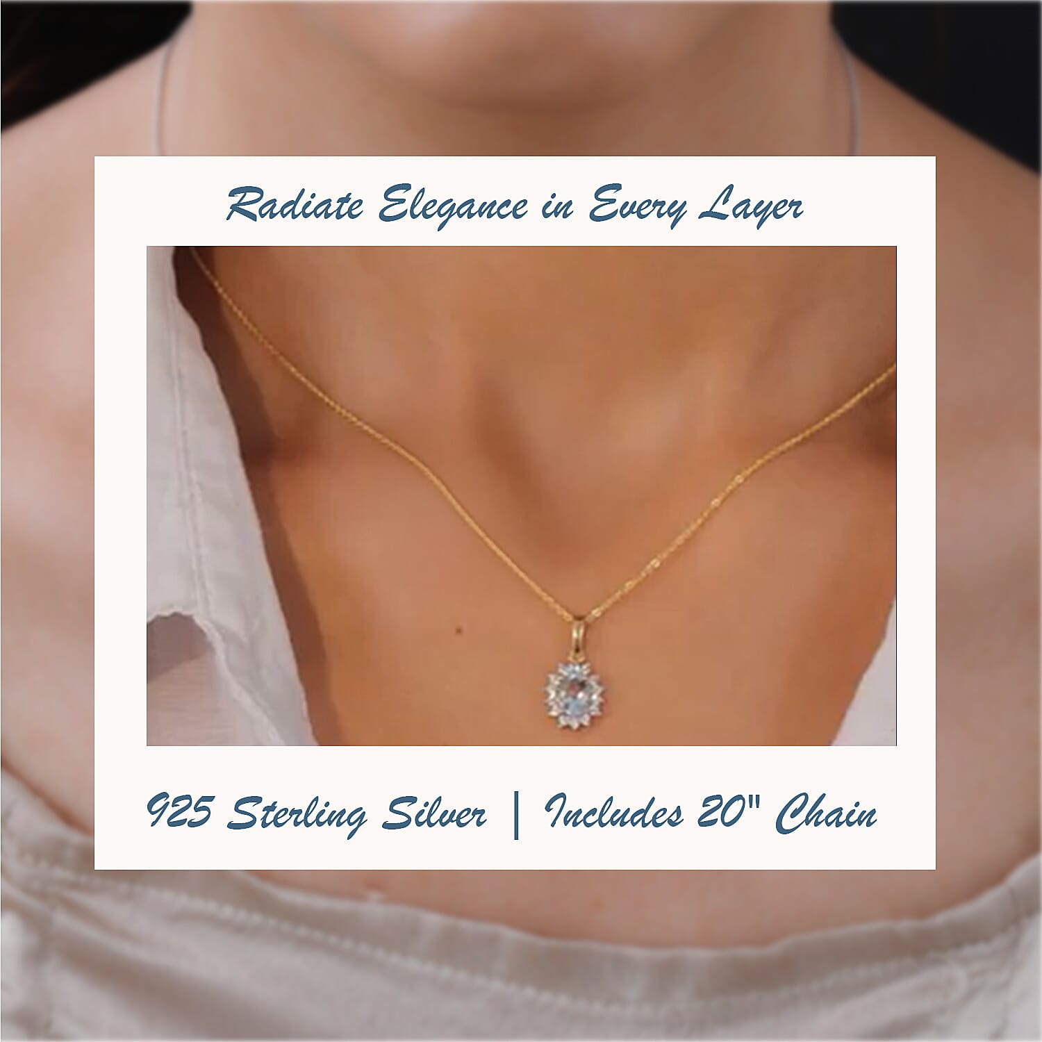 Aquamarine and Natural Zircon Halo Pendant with Chain (size 20) in 18K Vermeil Yellow Gold Plated Sterling Silver 1.12 Ct.