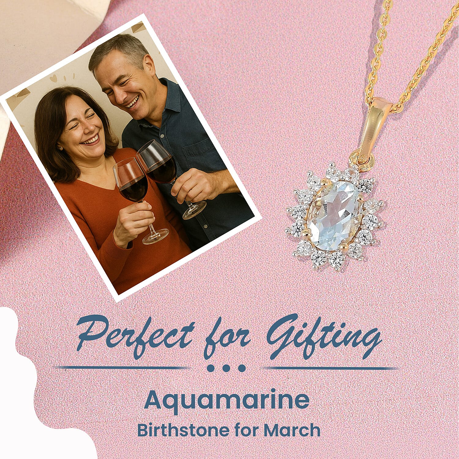 Aquamarine and Natural Zircon Halo Pendant with Chain (size 20) in 18K Vermeil Yellow Gold Plated Sterling Silver 1.12 Ct.