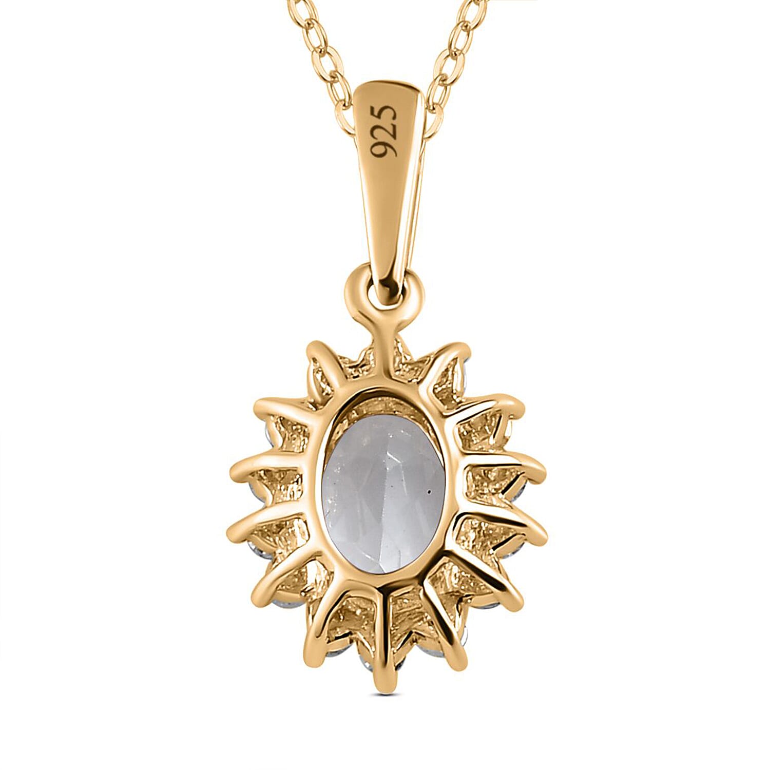 Aquamarine and Natural Zircon Halo Pendant with Chain (size 20) in 18K Vermeil Yellow Gold Plated Sterling Silver 1.12 Ct.