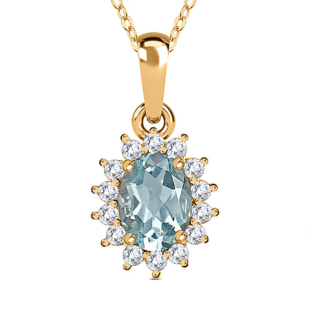 Aquamarine and Natural Zircon Halo Pendant with Chain (size 20) in 18K Vermeil Yellow Gold Plated Sterling Silver 1.12 Ct.