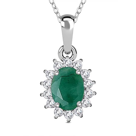 Socoto Emerald May Birthstone and Natural Zircon Halo Pendant with Chain (Size 20) in Platinum Overlay Sterling Silver
