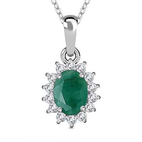 Socoto Emerald and Natural Zircon Halo Pendant with Chain (Size 20) in Platinum Overlay Sterling Silver 1.05 Ct