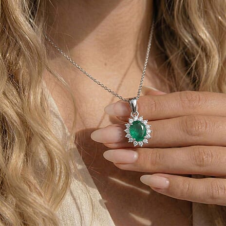 Socoto Emerald and Natural Zircon Halo Pendant with Chain (Size 20) in Platinum Overlay Sterling Silver 1.05 Ct